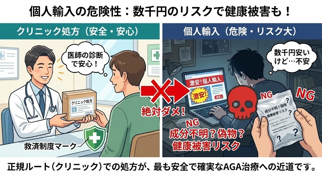 クリニックでの医師による安全な診断・処方と、成分不明や健康被害のリスクがある激安の個人輸入を対比させたイラスト。「個人輸入は絶対ダメ」という警告と救済制度の重要性を説明。