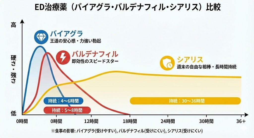 ED治療薬3種（バイアグラ・バルデナフィル・シアリス）の効果の強さと持続時間を比較したグラフ。硬さ重視のバイアグラ、即効性のバルデナフィル、長時間持続のシアリスという特徴を図解