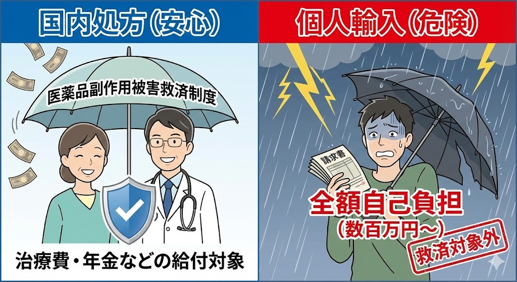 医薬品副作用被害救済制度の対象比較：国内処方は対象で安心、個人輸入は対象外で全額自己負担の危険性