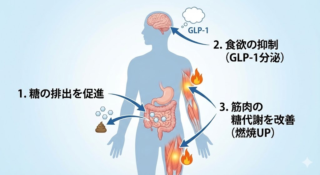 医師監修 メトホルミンの3つのダイエット作用機序図解（糖排出・食欲抑制・代謝改善）