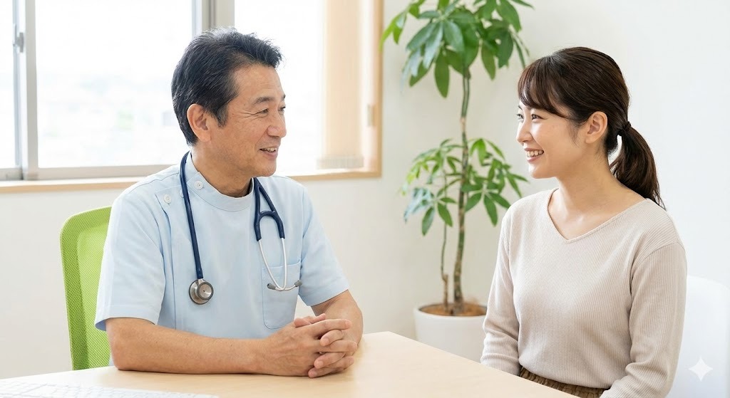 オンライン診療でかかりつけ医に相談する安心感（医師と患者のイメージ）