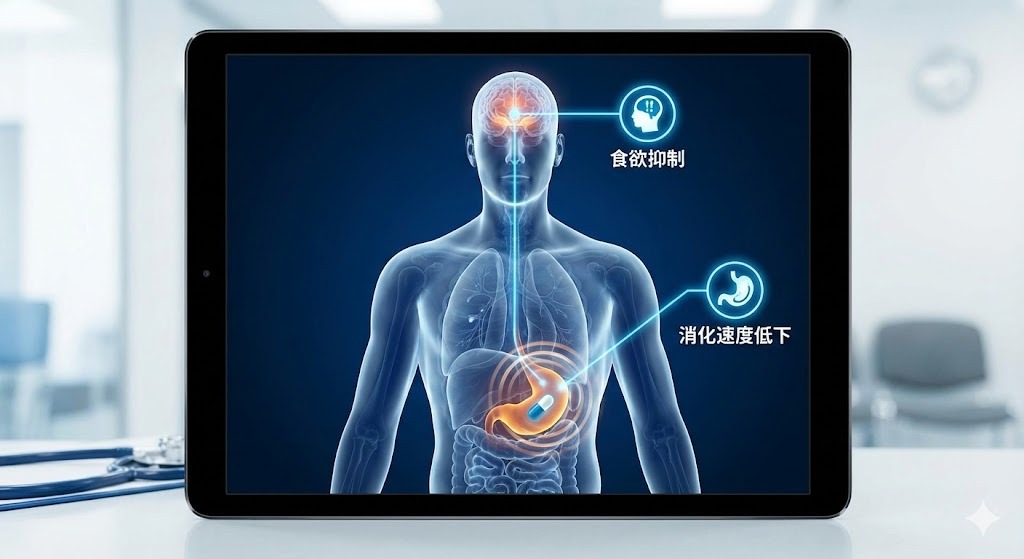 医師のタブレットに表示された人体図で、リベルサスが脳の食欲中枢と胃の消化速度に作用するメカニズムを解説した医療グラフィック。