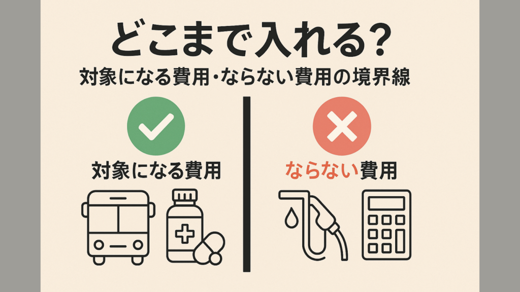 「どこまで入れる？対象になる費用・ならない費用の境界線」という見出し。チェックマーク側には公共交通機関と薬のアイコン、バツ印側にはガソリン代と家計管理をイメージさせる電卓のアイコン。