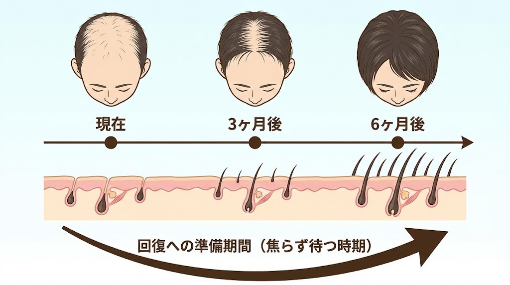 ストレス性脱毛症における回復までの経過を示した図。現在・3ヶ月後・6ヶ月後の髪の状態と、休止期から成長期へ移行するヘアサイクルの流れを解説。