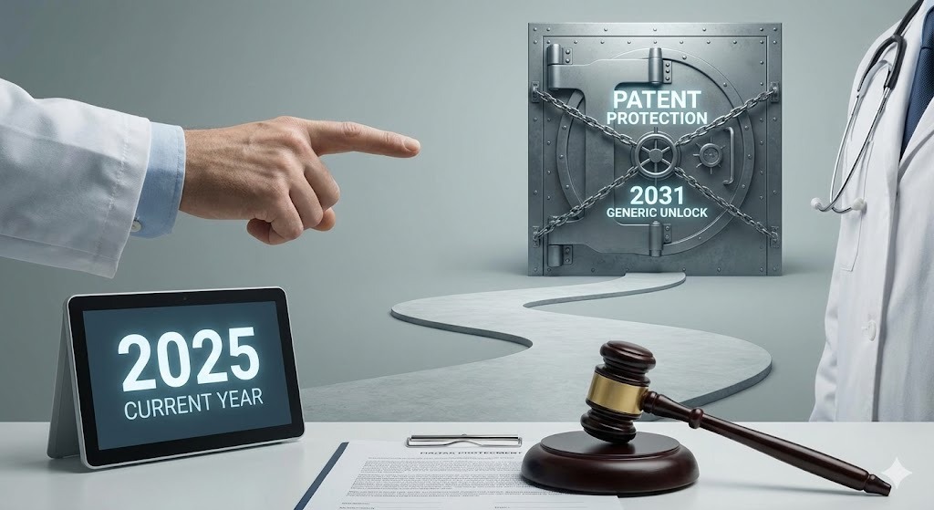 2025年の現在から、特許で保護された2031年のジェネリック解禁を示す金庫までの遠い道のりを指し示す医師の手。