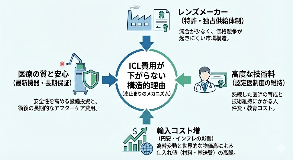 ICL費用が下がらない構造的理由を示した図。レンズメーカーの独占供給、高度な技術料、輸入コスト増、医療の質と安全性維持といった要因が循環的に関係していることを解説している。