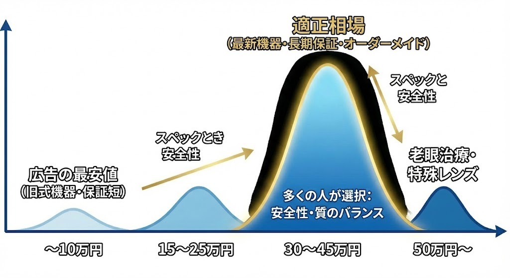 レーシック費用相場の分布図。広告の最安値（〜10万円）は旧式機器で保証が短く、適正相場（30〜45万円）は最新機器・長期保証・オーダーメイドで、多くの人がスペックと安全性のバランスでこちらを選択することを示したグラフ。
