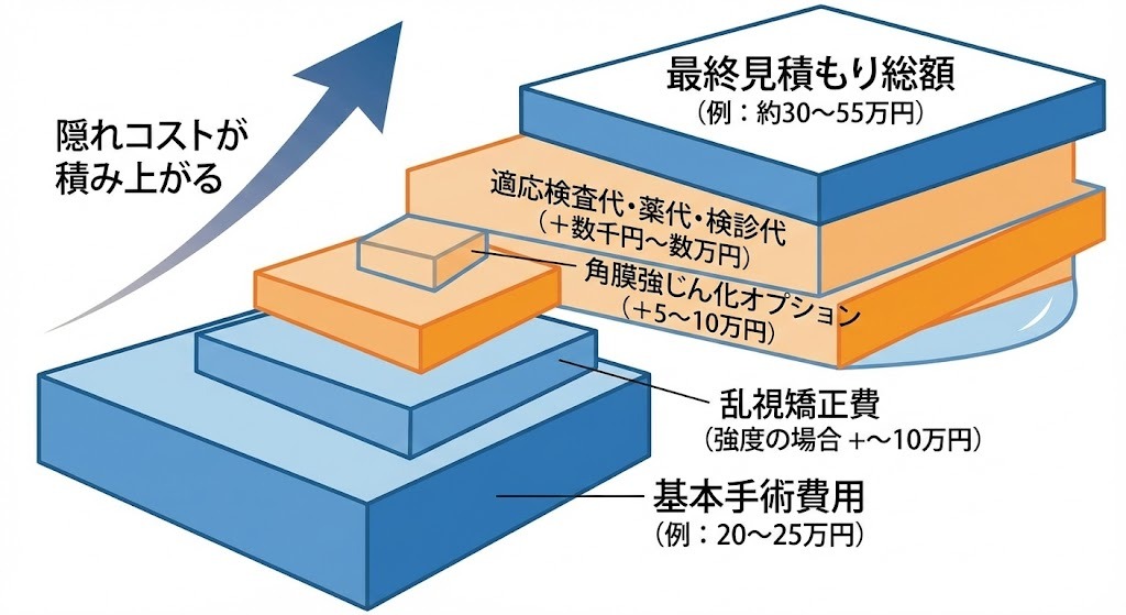 レーシック費用の積み上げ構造図。基本手術費用に、乱視矯正費、角膜強じん化オプション、適応検査代・薬代・検診代などの隠れコストが積み重なり、最終的な見積もり総額が高くなる仕組みを層状に示したイラスト。