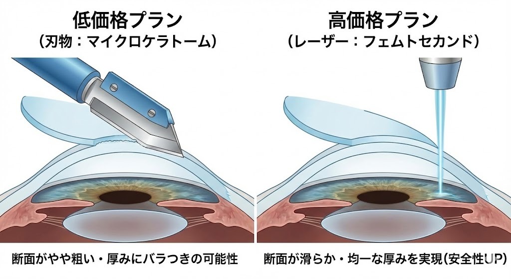 レーシックの術式比較イラスト。左側は低価格プランの刃物（マイクロケラトーム）によるフラップ作成で断面が粗く厚みにバラつきがある様子、右側は高価格プランのレーザー（フェムトセカンド）による作成で断面が滑らかで均一な様子を比較した角膜断面図。