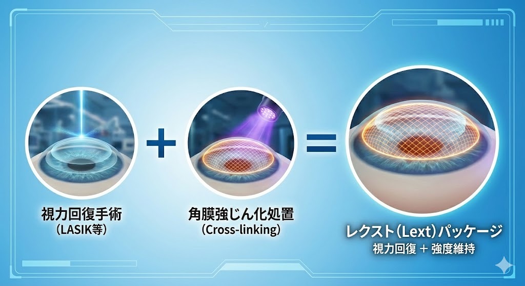 レクスト（Lext）の構成図。「視力回復手術（LASIK等）」と「角膜強じん化処置（Cross-linking）」を組み合わせたものが「レクストパッケージ」であることを示す足し算の図式。