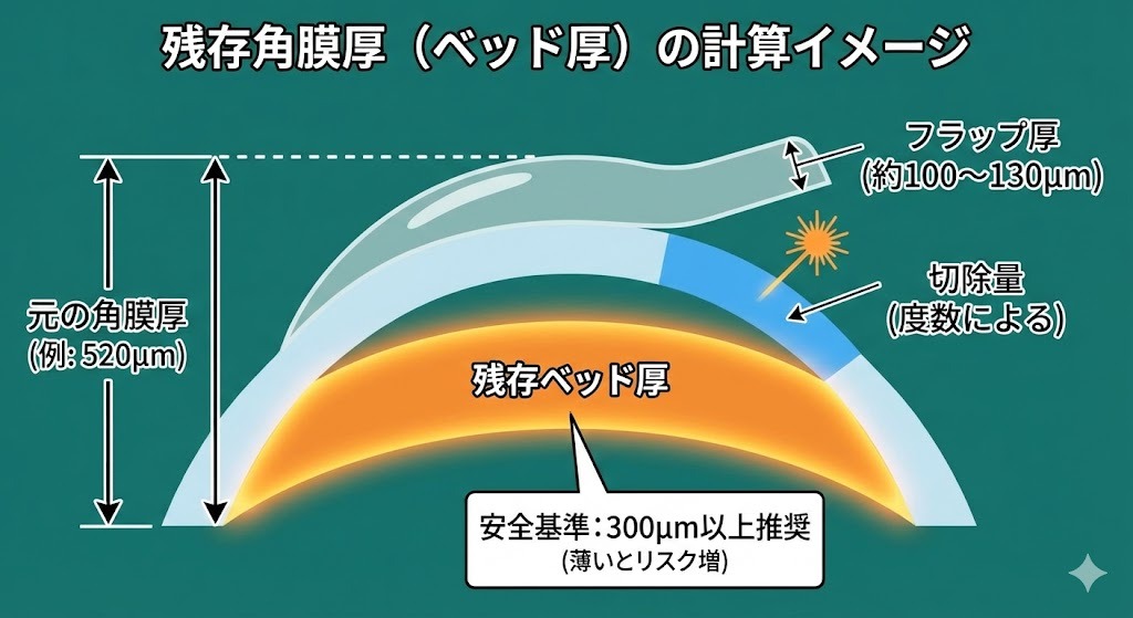 残存角膜厚（ベッド厚）の計算イメージ図。元の角膜厚からフラップ厚と切除量を引いた残りの部分が「残存ベッド厚」であり、安全基準として300µm以上が推奨されることを示す角膜断面図。