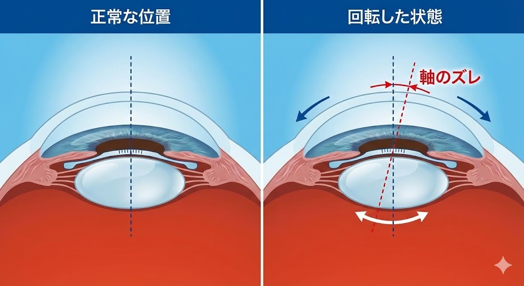 眼内コンタクトレンズ（ICL）の正常な位置と、回転して軸がずれた状態を比較した図。回転により見え方に影響が出る可能性を示している。