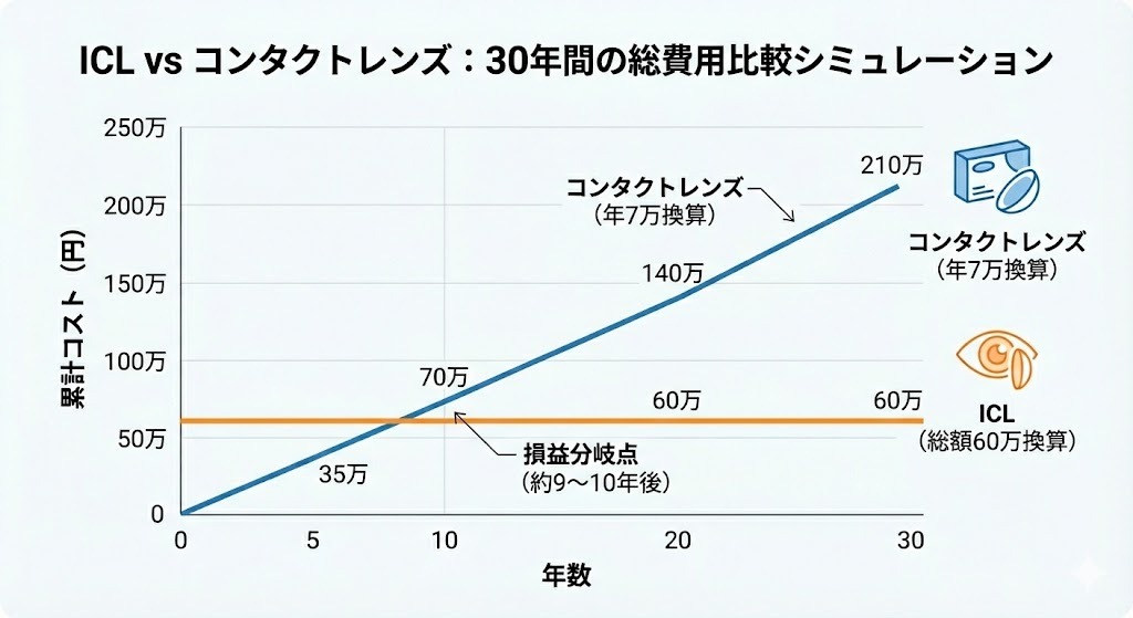 ICLとコンタクトレンズの30年間累計コスト比較。コンタクトは増加、ICLは総額60万円想定で一定