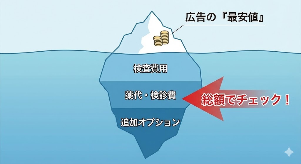 レーシック費用を氷山に例えたイラスト。水面上の見えている部分が「広告の『最安値』」、水面下に隠れている大きな部分が「検査費用」「薬代・検診費」「追加オプション」であることを示し、「総額でチェック！」と強調している。