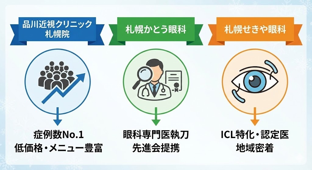 品川近視クリニック札幌院、札幌かとう眼科、札幌せきや眼科の3つのクリニックの特徴を比較したイラスト。「症例数No.1」「眼科専門医執刀」「ICL特化」など、それぞれの強みをアイコンとテキストで表現。