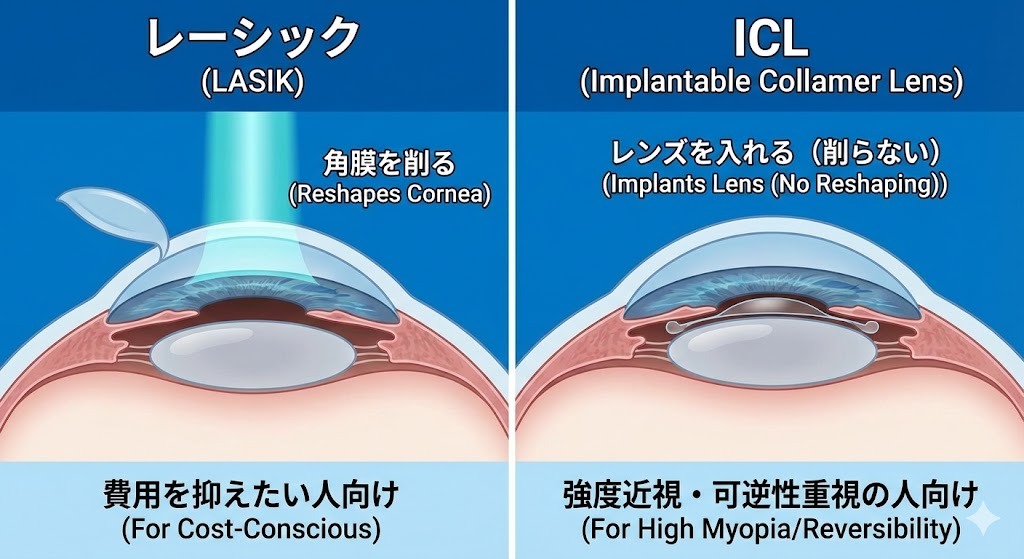 レーシック（LASIK）とICL（眼内コンタクトレンズ）の手術方法の違いを示した眼球の断面図イラスト。レーシックは角膜を削る様子、ICLはレンズを眼内に挿入する様子が描かれ、それぞれのターゲット層（費用重視、強度近視・可逆性重視）も記載されている。