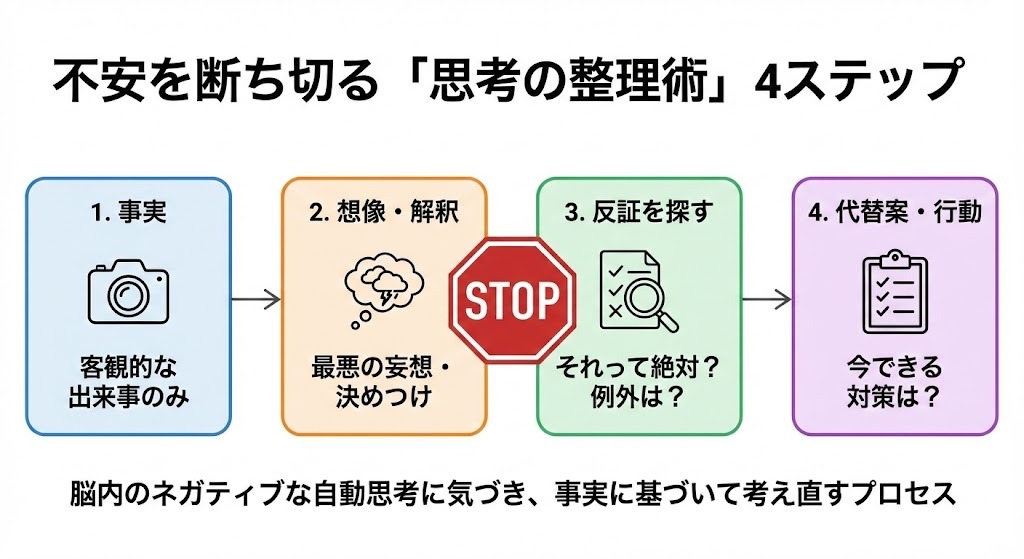 不安を引き起こすネガティブな想像を止め、事実、反証、代替案の順に思考を整理していくための4ステップを示したフローチャート図解。