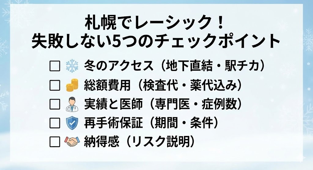 札幌でレーシッククリニックを選ぶ際の「失敗しない5つのチェックポイント」をまとめたチェックリスト形式の画像。冬のアクセス、総額費用、実績と医師、再手術保証、納得感の5項目がアイコンと共にリストアップされている。