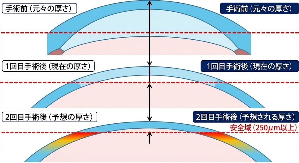 レーシック再手術における角膜の厚さと安全な残存量（250μm以上）の仕組み図解