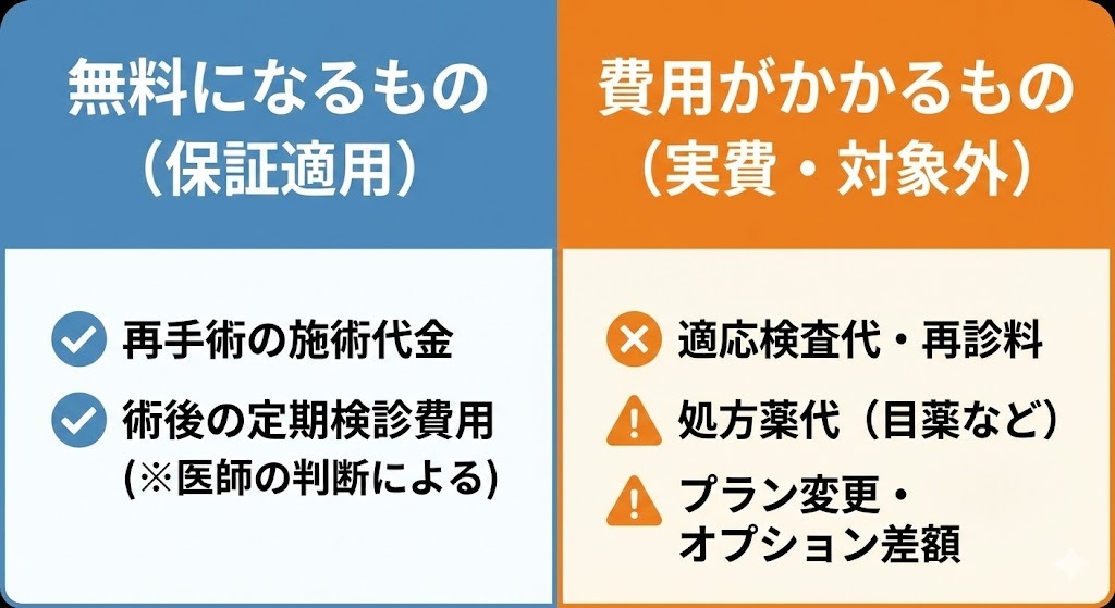 品川近視クリニックの保証期間内における無料範囲と有料項目の内訳リスト