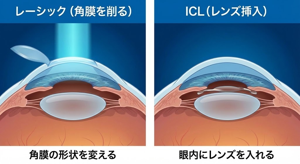 レーシック（角膜屈折矯正）とICL（眼内レンズ挿入）の手術構造比較図