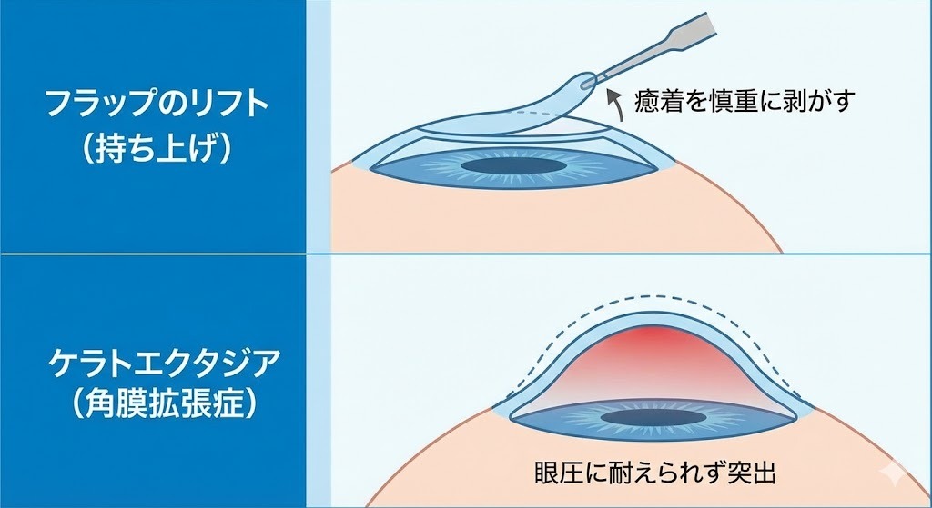 レーシック再手術の手順（フラップリフト）と角膜拡張症（ケラトエクタジア）のリスクイメージ