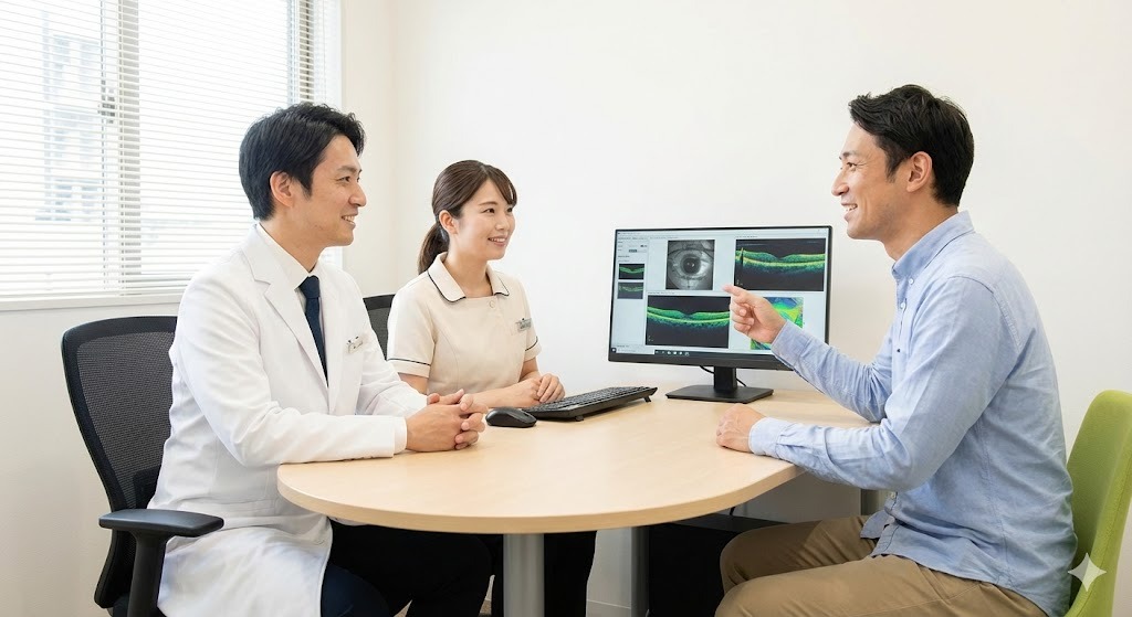 眼科クリニックで医師に再手術の相談をする患者様の安心した様子