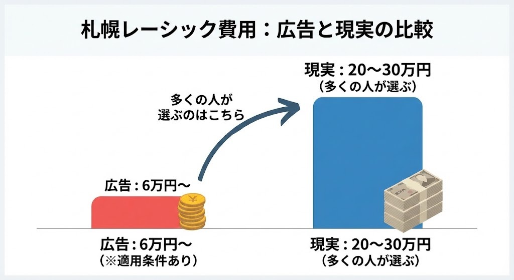 札幌レーシック費用の広告価格と現実の比較グラフ。広告の6万円台は適用条件があり、多くの人は20～30万円のプランを選んでいることを示す。