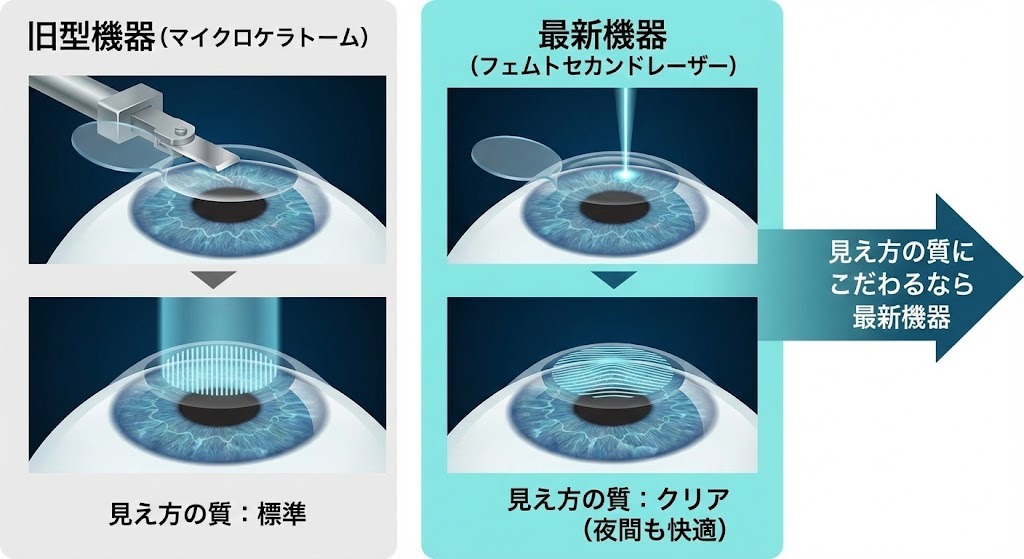 レーシックにおける旧型機器（マイクロケラトーム）と最新機器（フェムトセカンドレーザー）の比較イラスト。フラップ作成方法と照射精度の違いにより、最新機器の方がクリアな見え方を実現できることを説明。