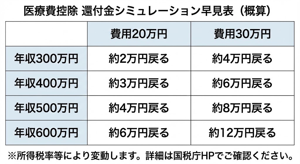 レーシック手術費用に対する医療費控除の還付金シミュレーション早見表。年収と手術費用に応じた概算の還付金額を一覧で表示。