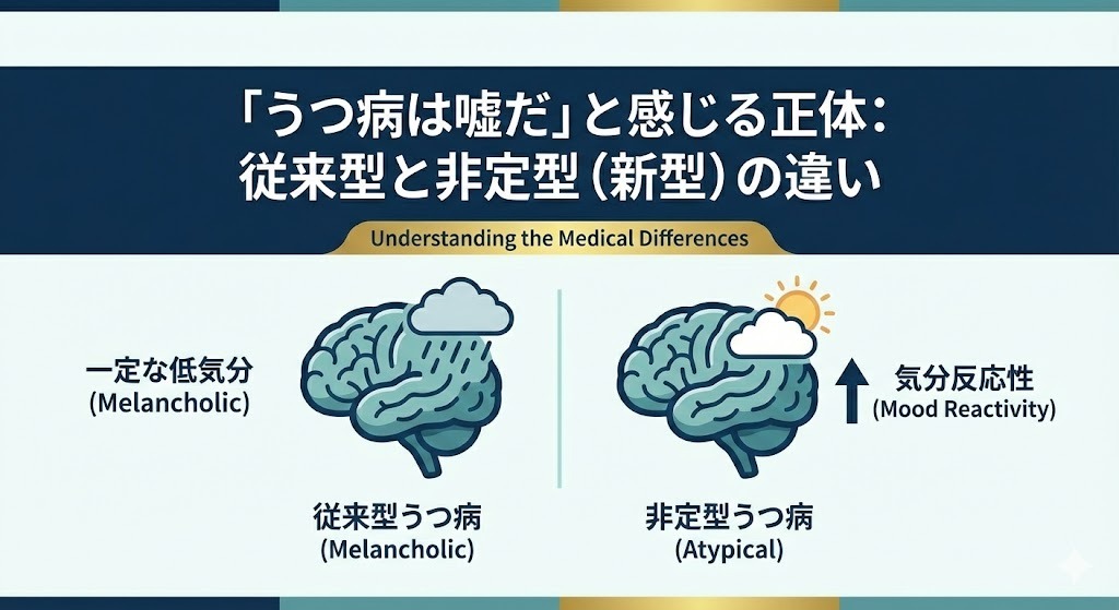 従来型うつ病と非定型うつ病（新型うつ）の症状の違いを図解。気分の変化（気分反応性）の有無を脳内の天気（雨と晴れ）のアイコンで比較