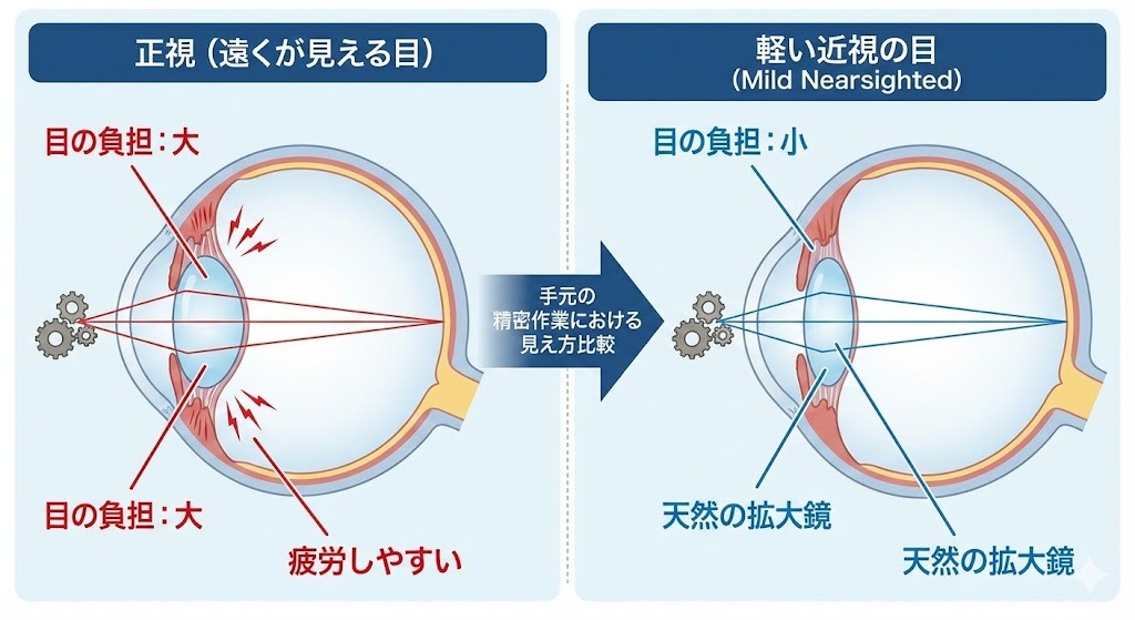 正視と軽い近視の目の断面図比較。手元の精密作業において、正視は目の負担が大きく疲労しやすいのに対し、軽い近視は負担が小さく天然の拡大鏡のように見える様子を図解。