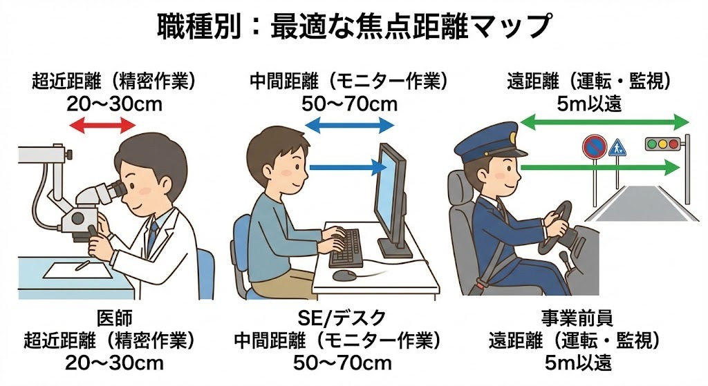職種別に最適な焦点距離を示したイラストマップ。医師は20〜30cmの超近距離、SE/デスクワーカーは50〜70cmの中間距離、プロドライバーは5m以遠の遠距離を見る様子が描かれている。