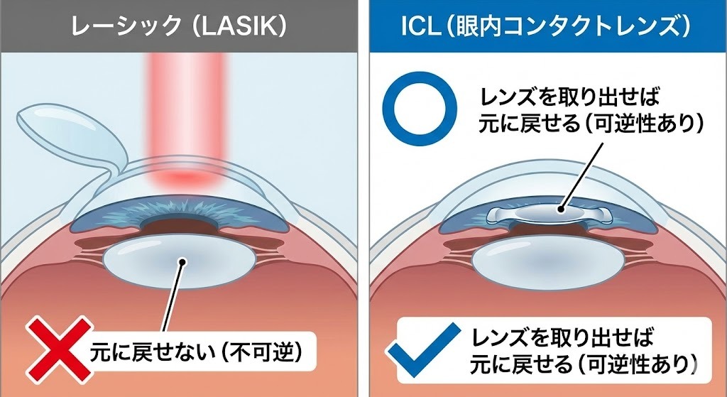 レーシックとICLの手術構造比較図。レーシックは角膜を削るため元に戻せない（不可逆）が、ICLはレンズを挿入するだけなので取り出せば元に戻せる（可逆性あり）ことを示している。