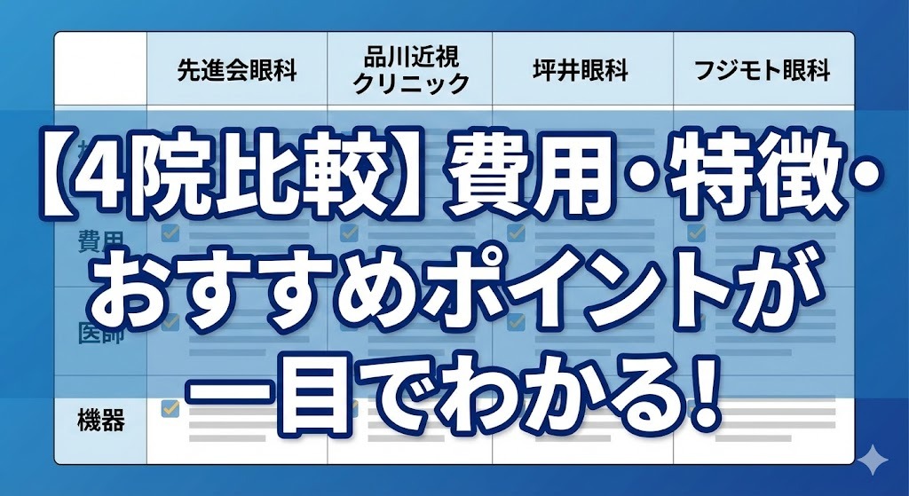 大阪のレーシックおすすめ4院（先進会眼科、品川近視クリニック、坪井眼科、フジモト眼科）の費用・特徴・おすすめポイントを比較する表の概要バナー画像。