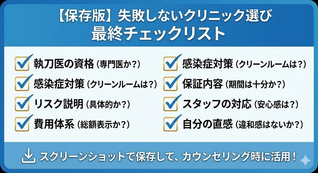 【保存版】失敗しないクリニック選び最終チェックリスト。執刀医の資格、感染症対策、リスク説明、費用体系など7つの重要確認項目をまとめた、スクリーンショット保存用のデジタルカード。