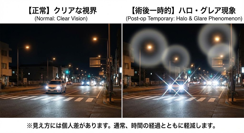 レーシック術後のハロ・グレア現象の見え方比較画像。左側は正常なクリアな夜景、右側は街灯や車のライトがにじんで見える様子。