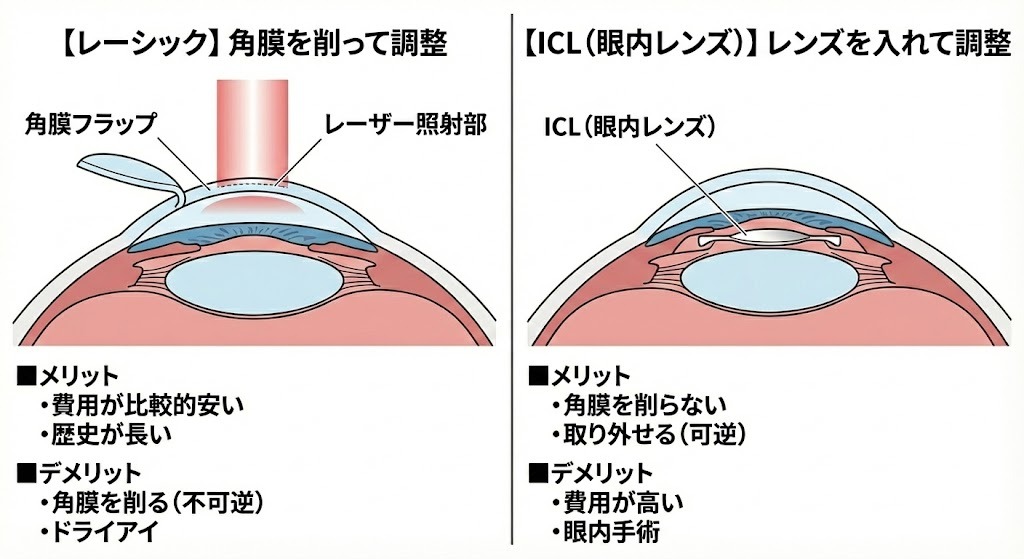 レーシックとICLの手術方法の違いを示す目の断面図比較イラスト。左側は角膜を削るレーシック、右側は眼内レンズを挿入するICLの構造を解説。