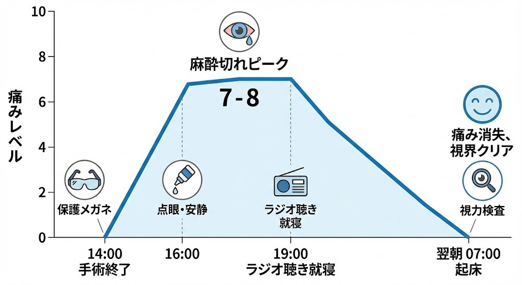 レーシック手術当日の痛みの推移を示すタイムラインとグラフ。手術直後の痛みなしから、麻酔が切れる夕方にピークを迎え、翌朝には痛みが消失する様子を図解。