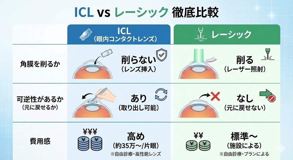 ICLとレーシックの違いを比較した図解。角膜を削らないICLと、レーザーで角膜を削るレーシックの特徴、可逆性や費用感の違いを示している