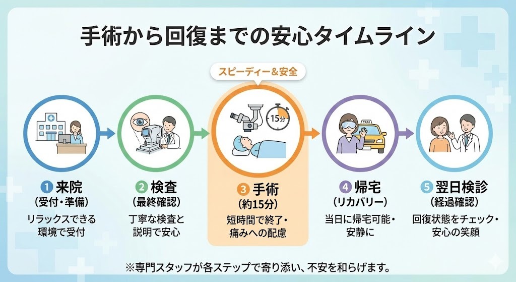 ICL手術の流れを示したタイムライン図。来院、検査、約15分の手術、当日帰宅、翌日の検診までの一連の流れをイラストで解説