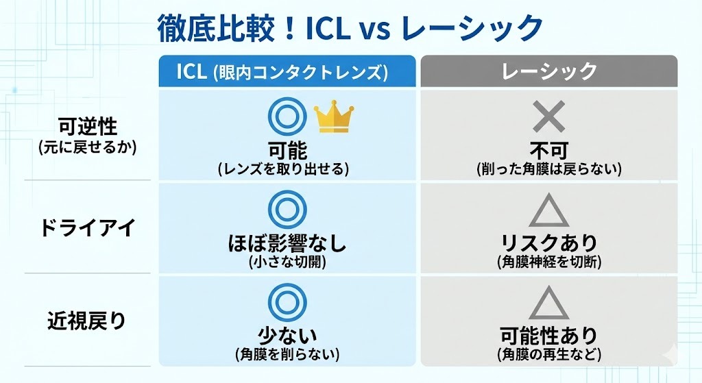 ICLとレーシックを、可逆性、ドライアイの影響、近視戻りのリスクで比較した図解