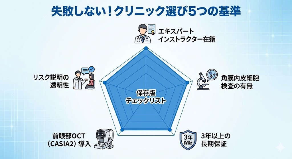 ICL手術で後悔しないための5つのチェック項目（指導医在籍、検査体制、保証期間、リスク説明、設備）を示した図解