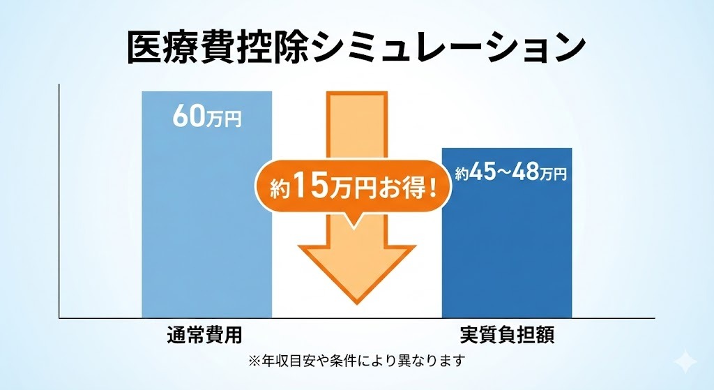 ICL手術費用60万円を想定し、医療費控除により実質負担額が約45〜48万円になるシミュレーション図