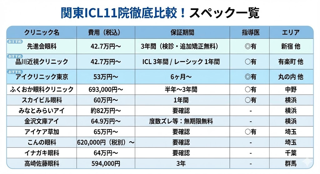 関東のICL対応クリニック11院を、費用、保証期間、指導医の有無、エリア別に比較した一覧表