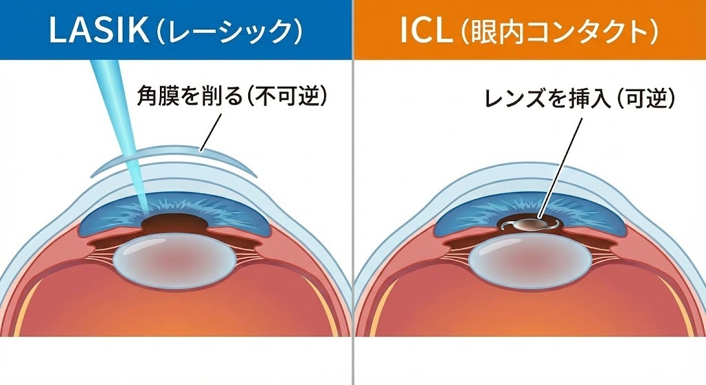 レーシック（角膜を削る不可逆手術）とICL（眼内レンズを挿入する可逆手術）の仕組みを比較した断面図解。
