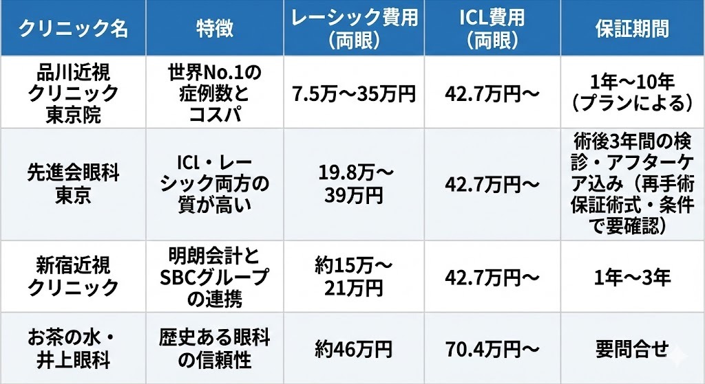 東京の主要レーシッククリニック（品川近視クリニック、先進会眼科、新宿近視クリニック、お茶の水・井上眼科）の特徴、費用、保証期間の比較表。