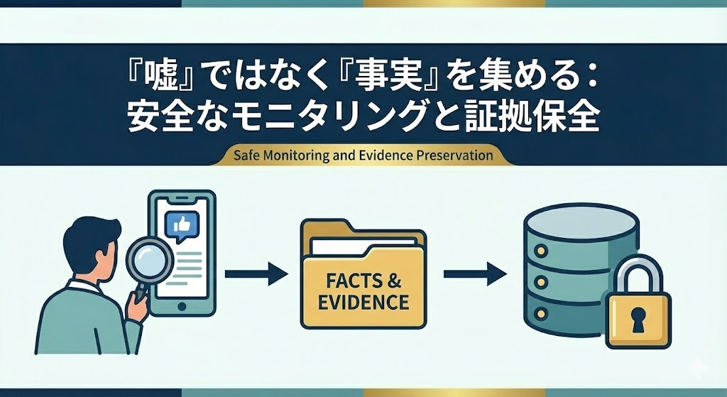 「嘘」ではなく「事実」を集めるためのモニタリングと証拠保全のフロー図。SNS確認から行動記録の作成までをプライバシーに配慮して行うイメージ