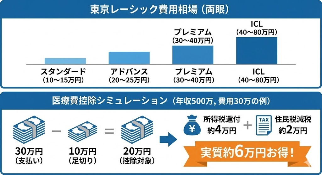 レーシックのグレード別費用相場グラフと、年収500万円・費用30万円のケースでの医療費控除計算シミュレーション図解。
