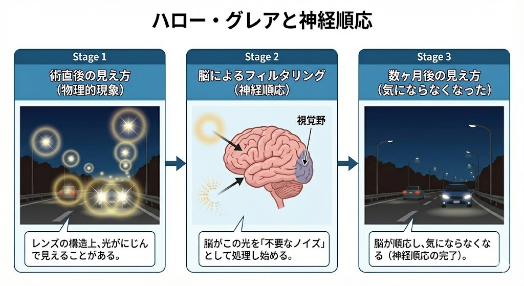 ICL術後のハロー・グレアと神経順応の関係を示した図解。術直後から数ヶ月後までの見え方の変化を段階的に説明
